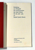 Einladung zur &Uuml;bergabe des Literaturpreises der Stadt Z&uuml;rich f&uuml;r das Jahr 1969 an Rudolf Jakob Humm