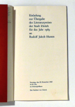 Einladung zur Übergabe des Literaturpreises der Stadt Zürich für das Jahr 1969 an Rudolf Jakob Humm
